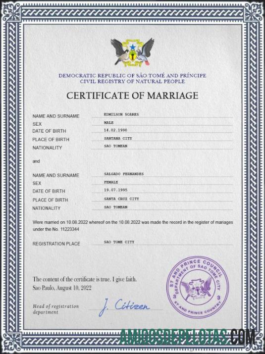 Realista modelo PSD de certidão de casamento de São Tomé e Príncipe